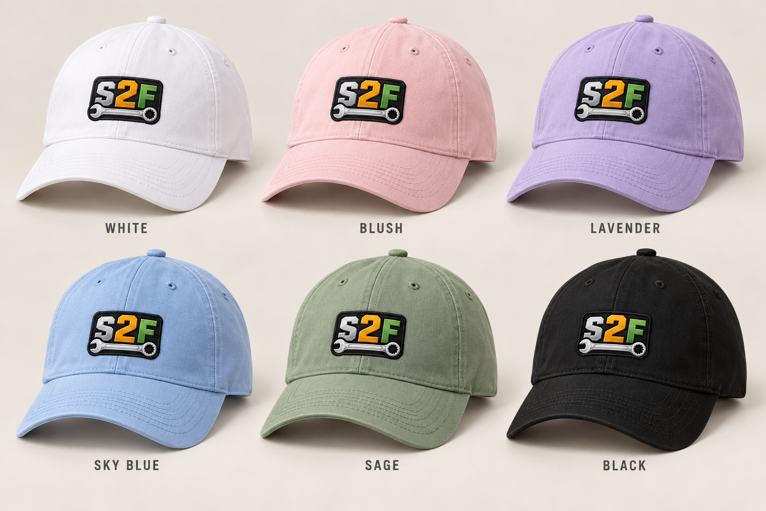Shop2Field regular ball caps in white, blush, lavender, sky blue, sage, and black