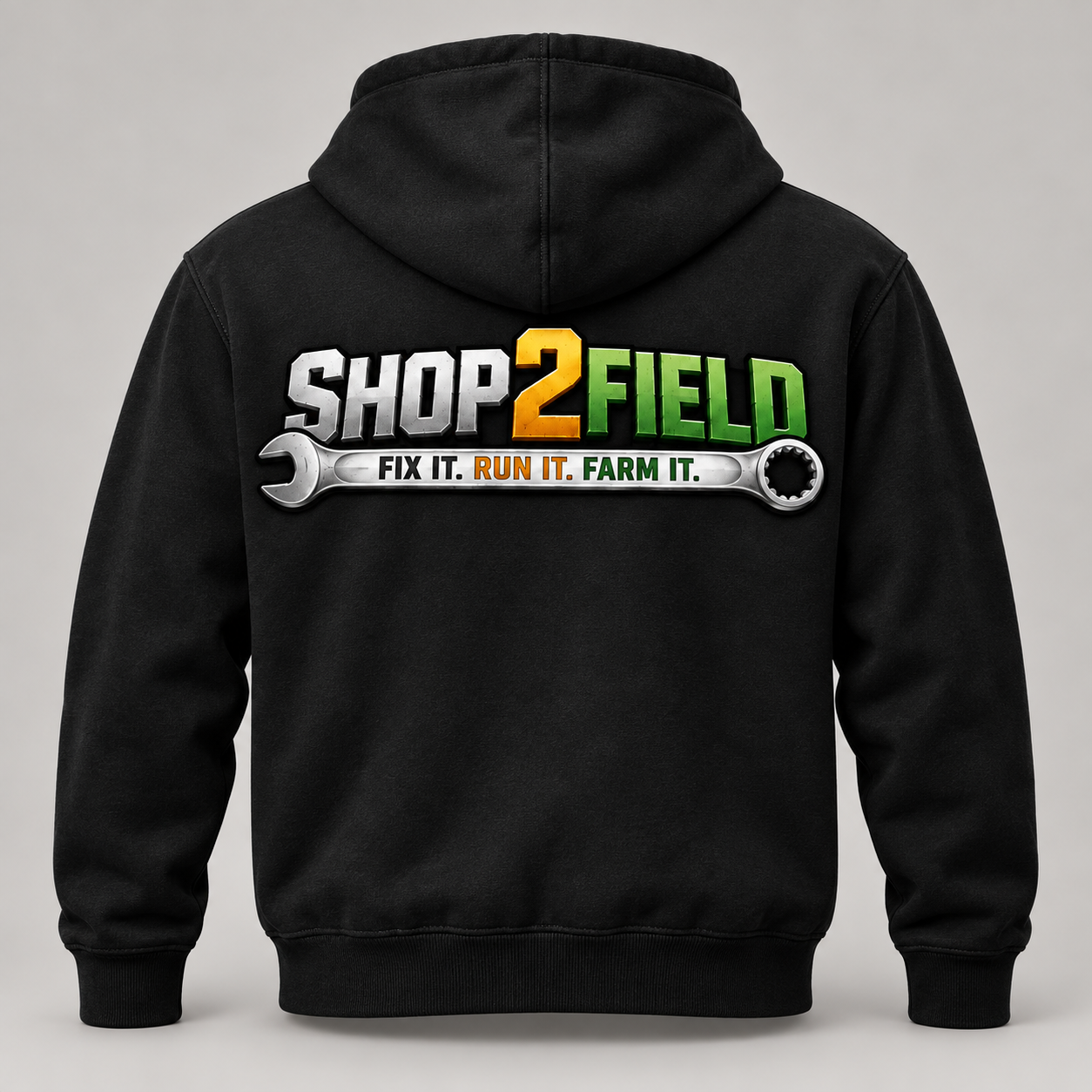 Black Shop2Field hoodie back with large Shop2Field logo