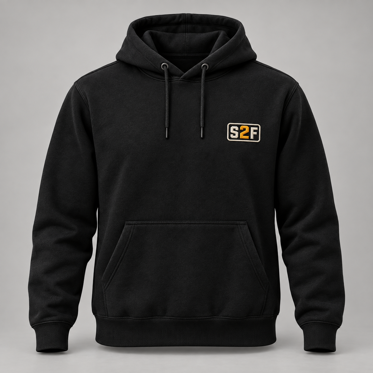 Black Shop2Field hoodie front with small S2F chest logo
