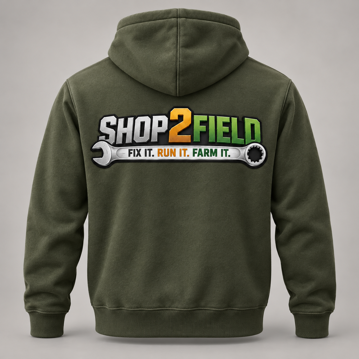 Field green Shop2Field hoodie back with large Shop2Field logo