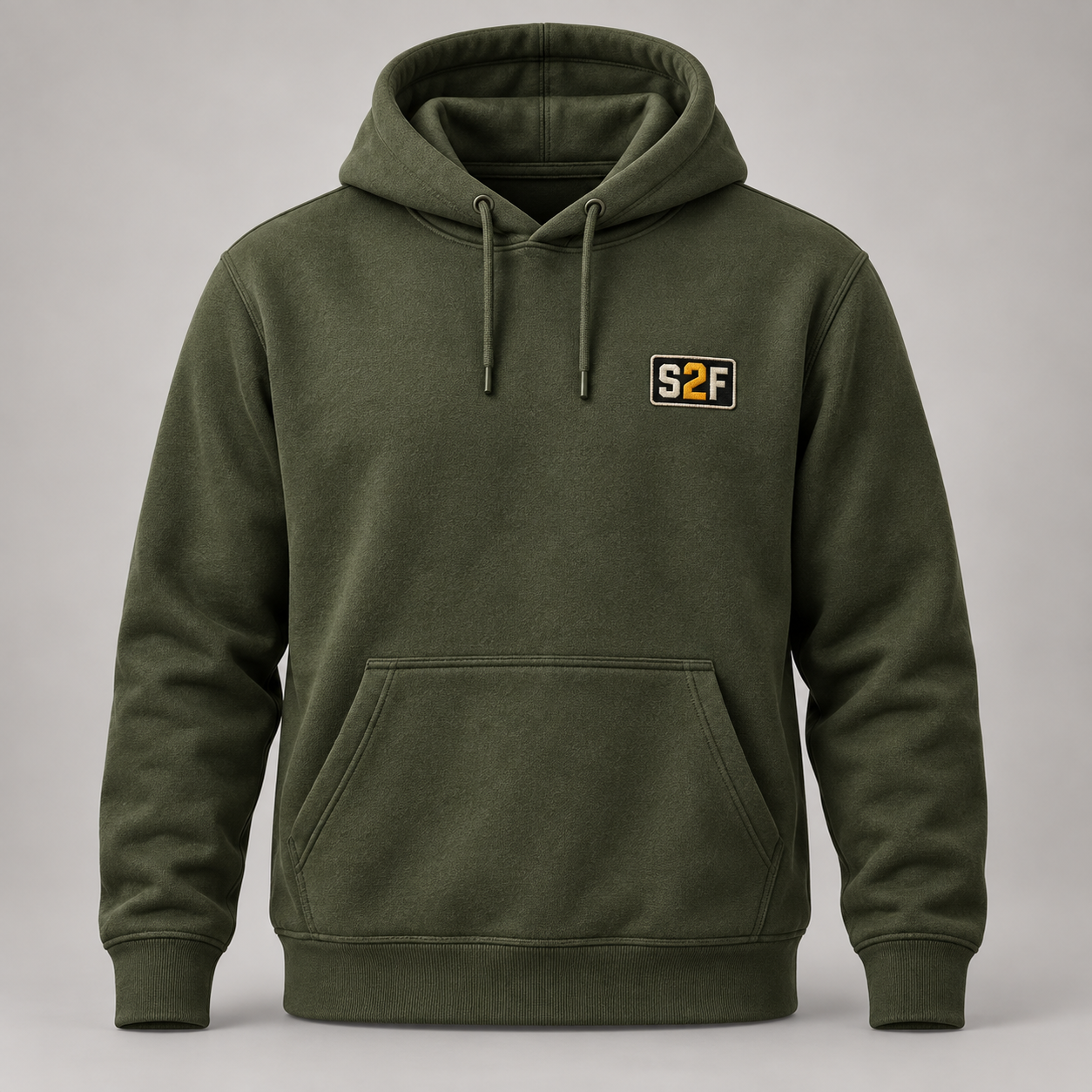 Field green Shop2Field hoodie front with small S2F chest logo