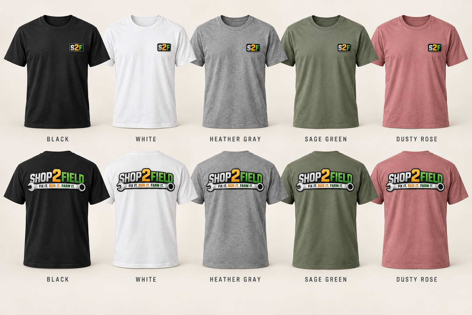 Shop2Field unisex T-shirts in black, white, heather gray, sage green, and dusty rose, shown front and back