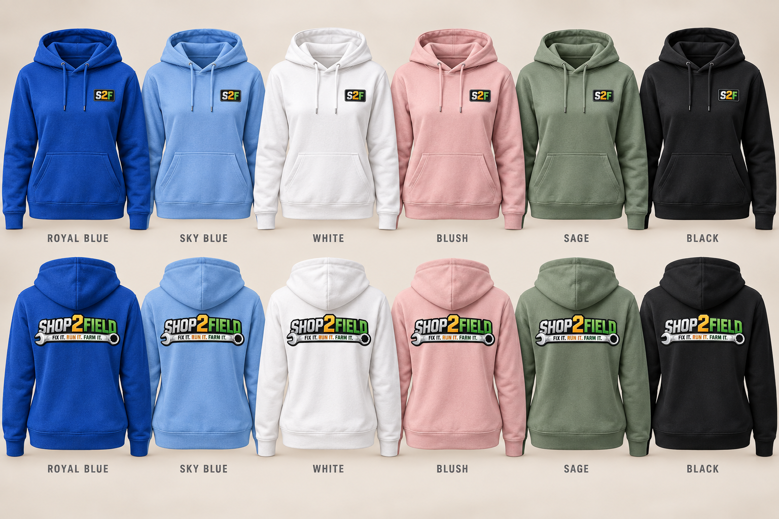 Shop2Field women's hoodies in royal blue, sky blue, white, blush, sage, and black, shown front and back