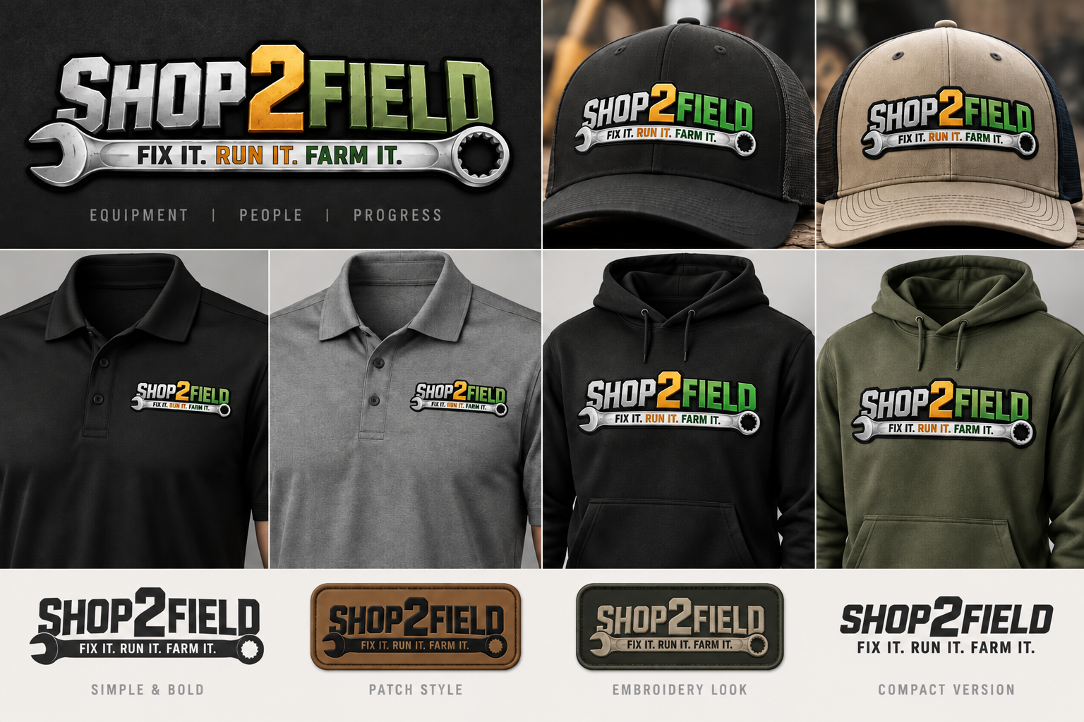 Shop2Field-only logo, hat, shirt, hoodie, patch and compact mark concepts without third-party branding