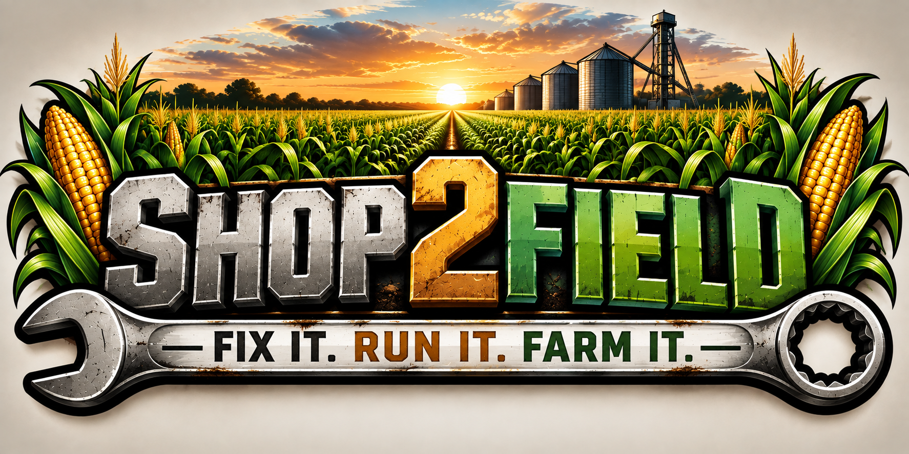 Shop2Field logo over a cornfield and wrench, with the slogan Fix It. Run It. Farm It.