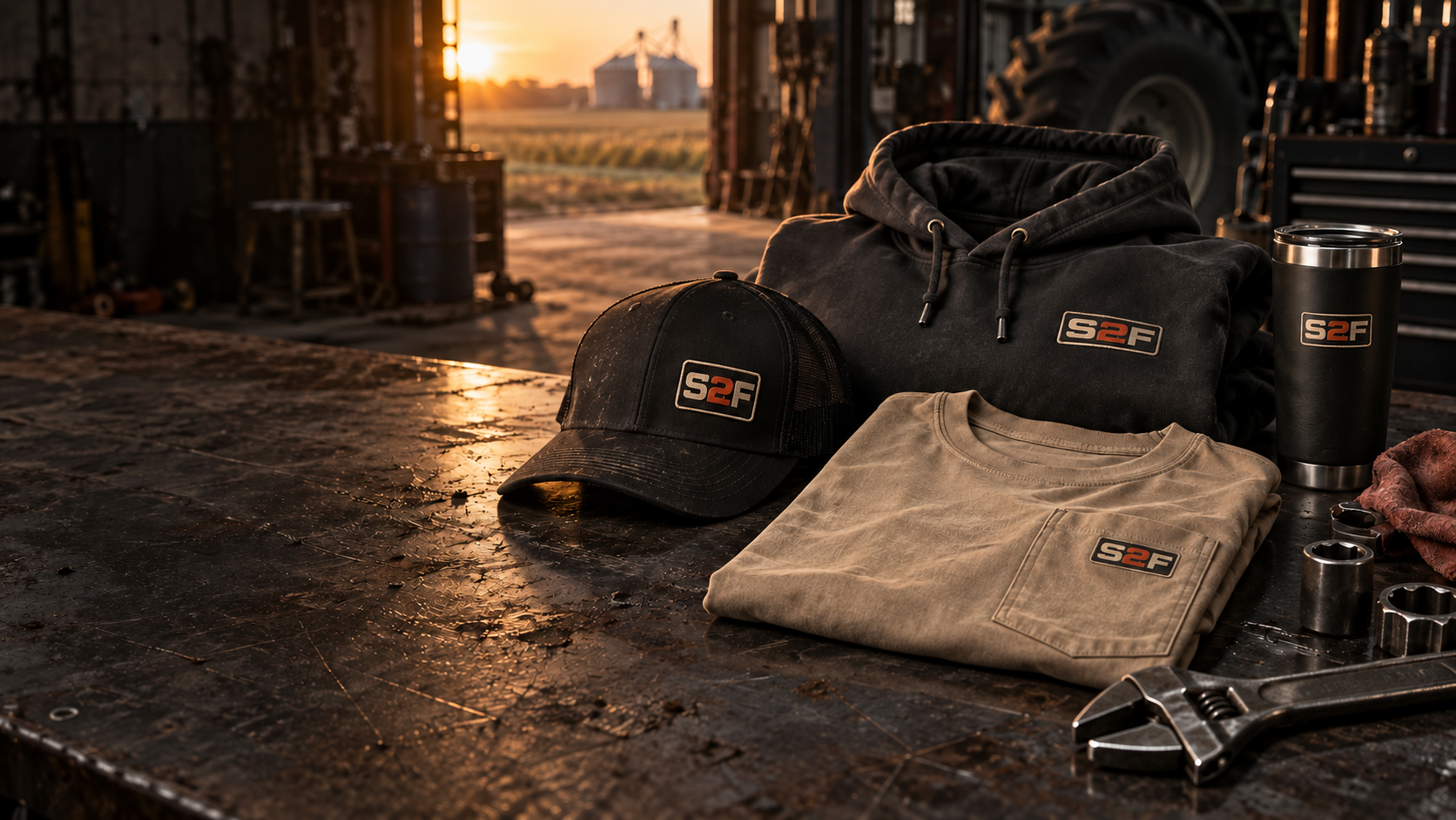 Shop2Field S2F hat, hoodie, work shirt and tumbler on an unbranded mechanic's workbench
